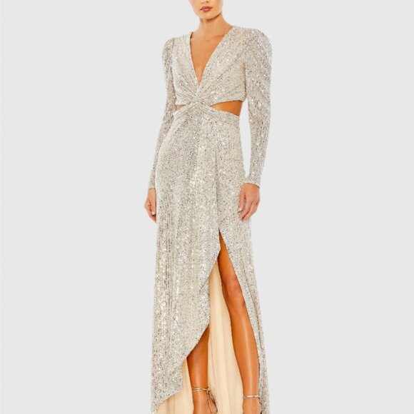 Mac Duggal Sequined Criss Cross Long Sleeve Gown Size 2 - Picture 5 of 11